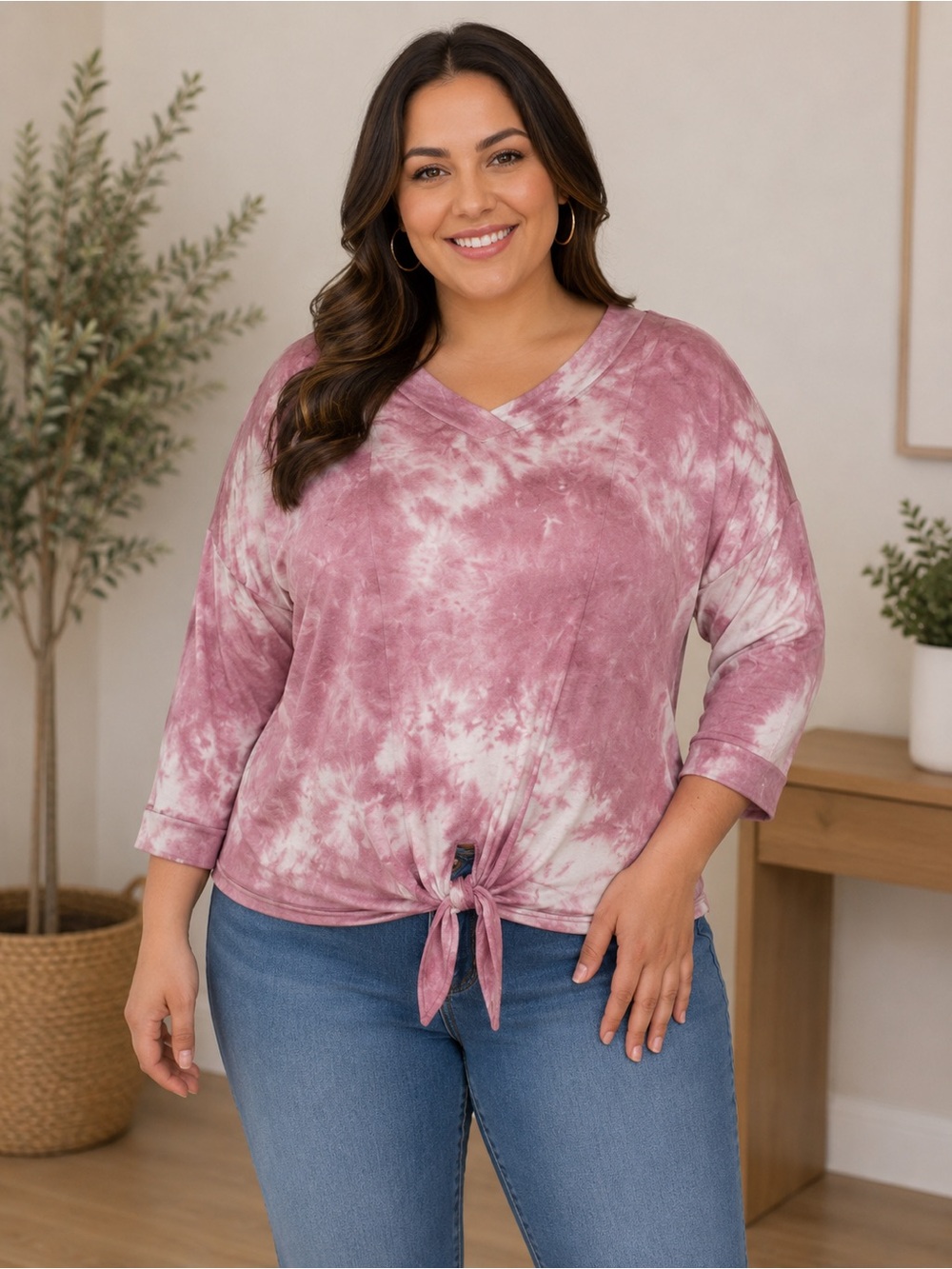 NO COMMENT WOMENS 3/4 SLEEVE PINK TYE DYE SHIRT WITH TYE KNOT SIZE XL